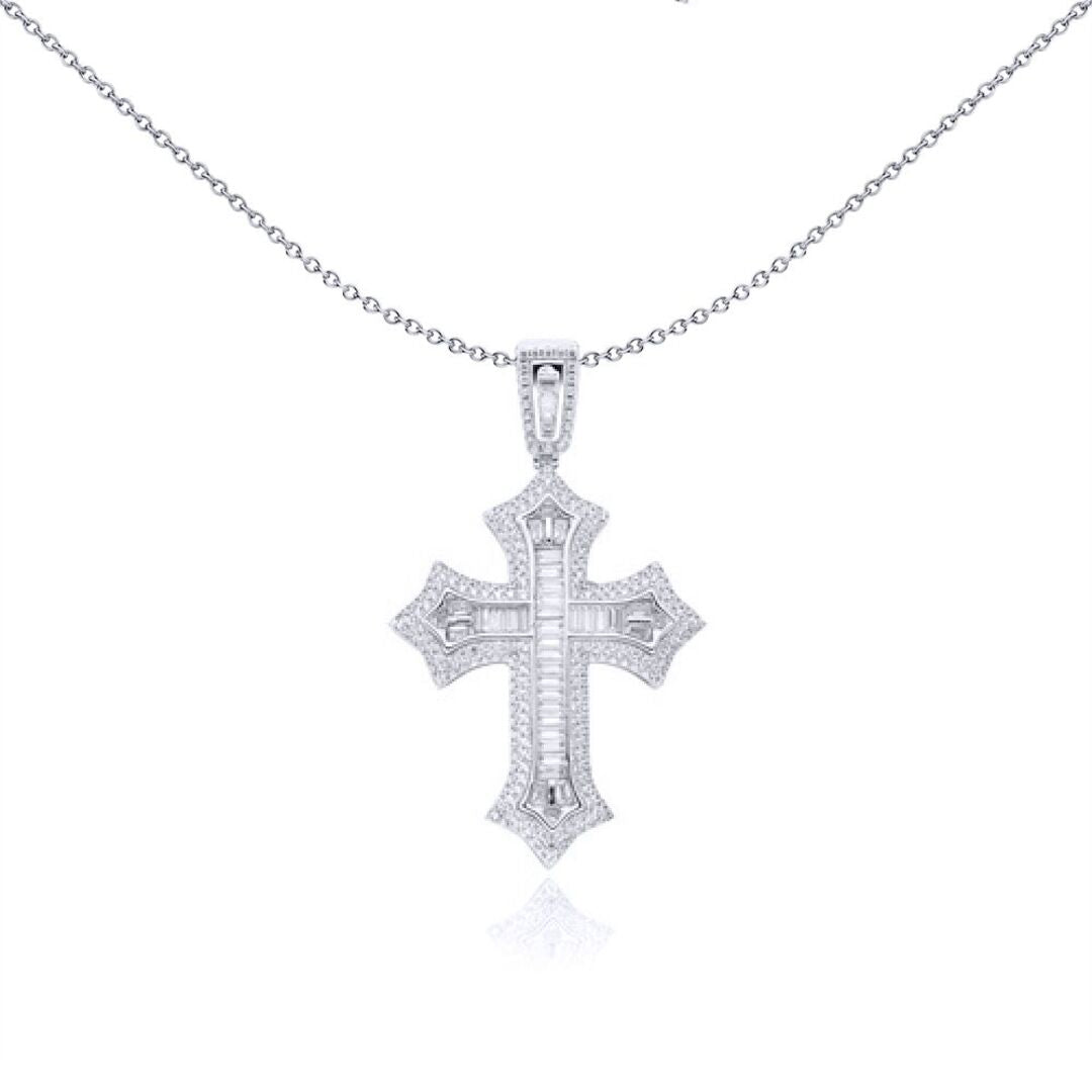 Unisex Silver  Baguette CZ Spiked Fleur Arrowhead Cross Pendant - APX064