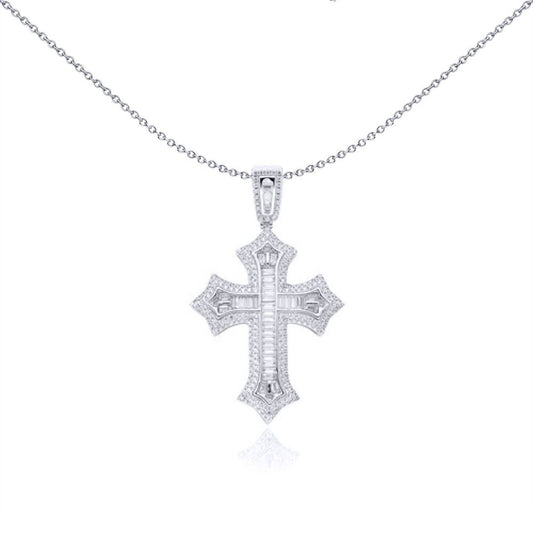 Unisex Silver  Baguette CZ Spiked Fleur Arrowhead Cross Pendant - APX064
