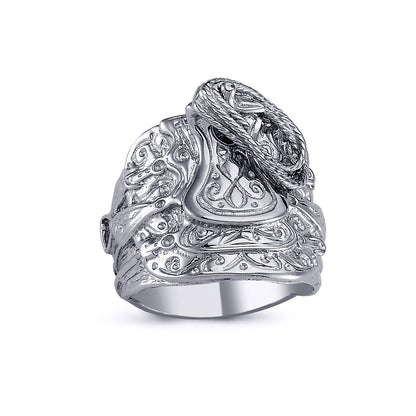 Mens Rhodium Plated Silver  Horse Rope Saddle Ring 22mm - ARN091