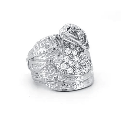 Mens Rhodium Plated Silver  Round CZ Horse Rope Saddle Ring 24mm - ARN092