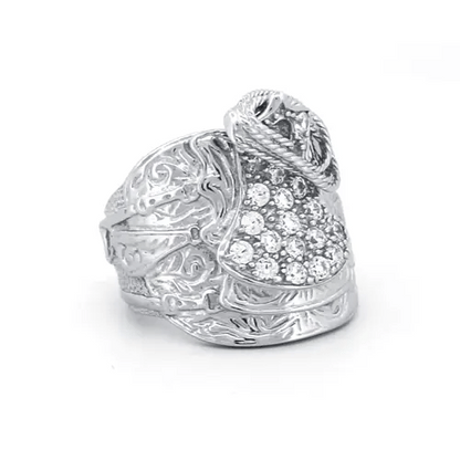 Mens Rhodium Plated Silver  Round CZ Horse Rope Saddle Ring 24mm - ARN092