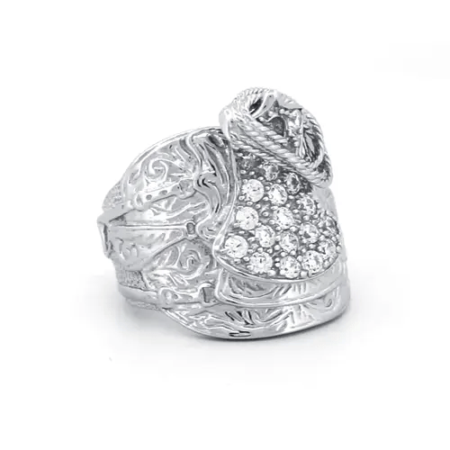 Mens Rhodium Plated Silver  Round CZ Horse Rope Saddle Ring 24mm - ARN092