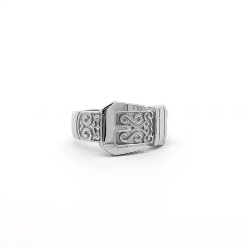 Mens Rhodium Plated Silver  Round CZ Carved Buckle Love Ring 12mm - ARN093