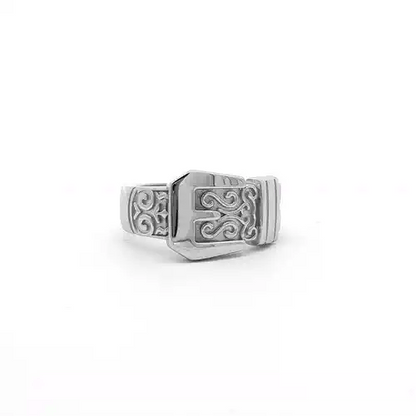 Mens Rhodium Plated Silver  Round CZ Carved Buckle Love Ring 12mm - ARN093