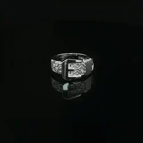 Mens Rhodium Plated Silver  Round CZ Carved Buckle Love Ring 12mm - ARN093