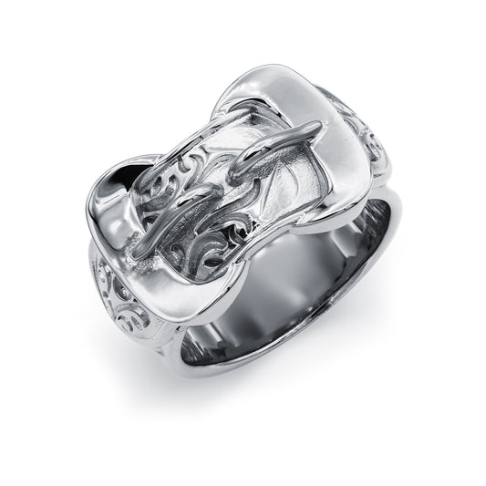 Mens Rhodium Plated Silver  Double Buckle Love Ring 11mm - ARN095