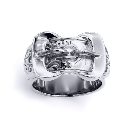 Mens Rhodium Plated Silver  Double Buckle Love Ring 11mm - ARN095