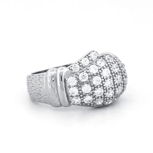 Mens Rhodium Plated Silver  Round CZ Boxing Glove Charm Ring 14mm - ARN097
