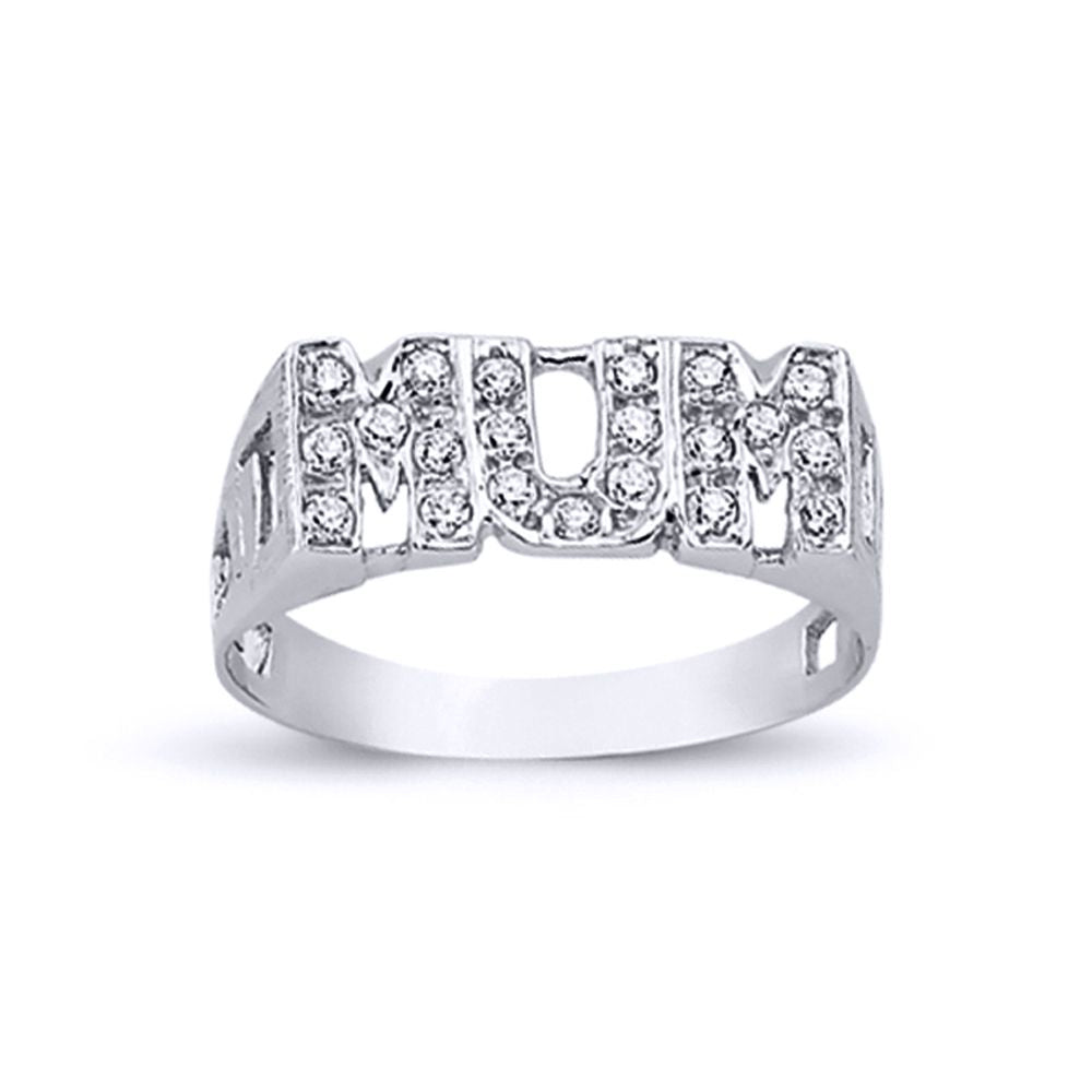 Womens Rhodium Plated Silver  Round CZ MUM Signet ID Ring 8mm - ARN101