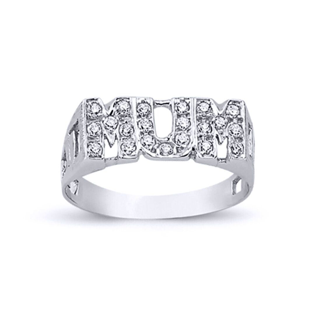Womens Rhodium Plated Silver  Round CZ MUM Signet ID Ring 8mm - ARN101