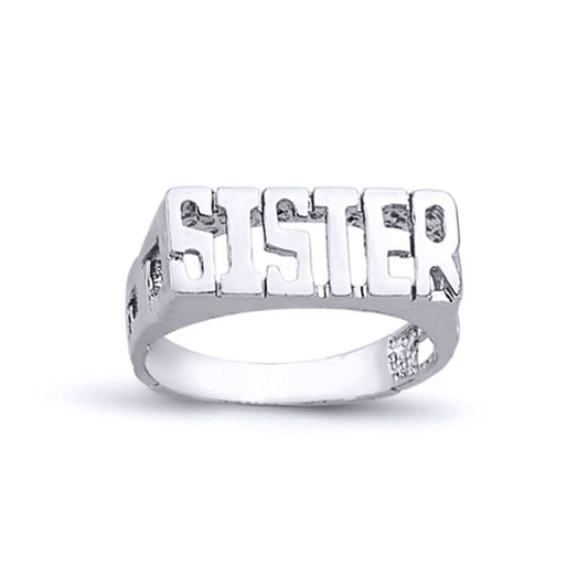 Womens Rhodium Plated Silver  SISTER Signet ID Ring 7mm - ARN103