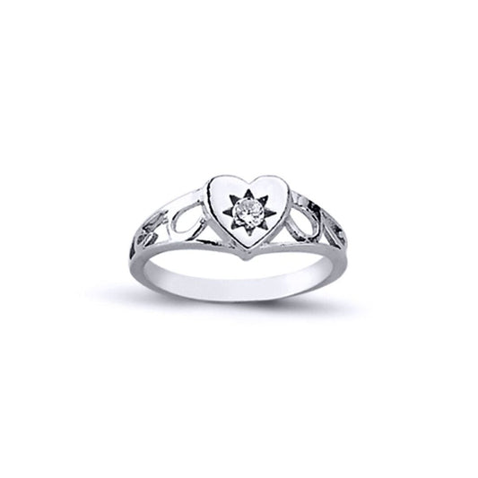 Girls Rhodium Plated Silver  CZ Love Heart Signet Ring 2mm 6mm - ARN107
