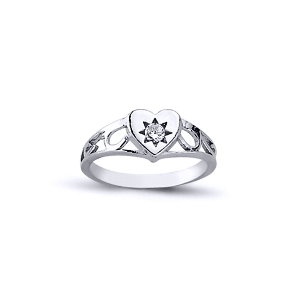 Girls Rhodium Plated Silver  CZ Love Heart Signet Ring 2mm 6mm - ARN107
