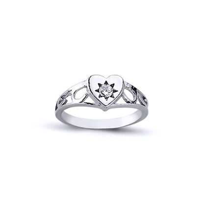 Girls Rhodium Plated Silver  CZ Love Heart Signet Ring 2mm 6mm - ARN107