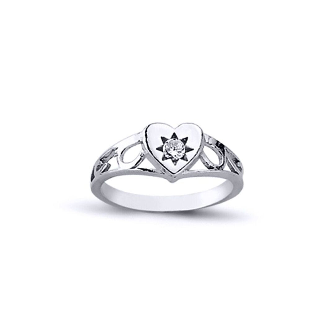 Girls Rhodium Plated Silver  CZ Love Heart Signet Ring 2mm 6mm - ARN107