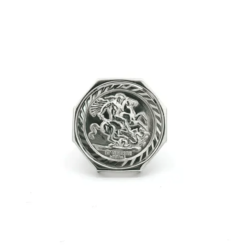 Silver  Curb Octagon St George Dragon Ring (Full Sovereign Size) - ARN113-F