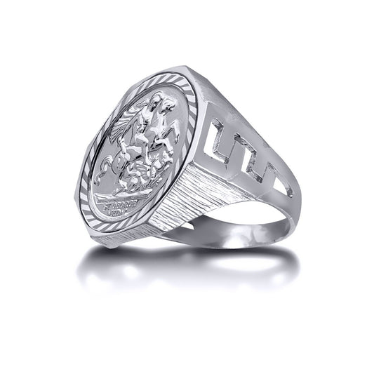 Silver  Curb Octagon St George Dragon Ring (Full Sovereign Size) - ARN113-F