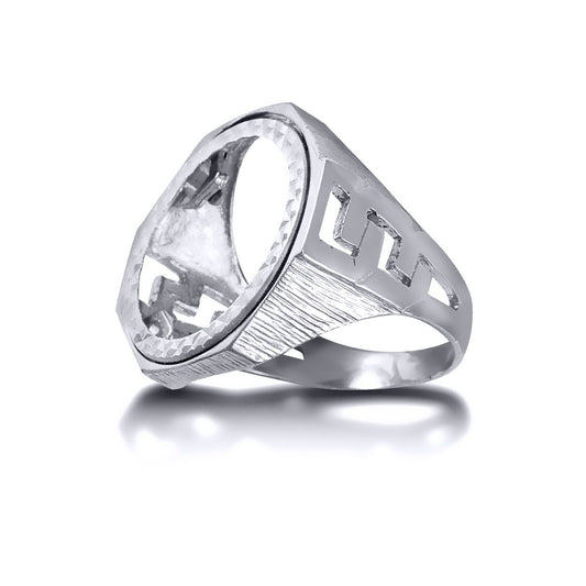 Silver  Curb Links Octagon Full Sovereign Mount Ring - ARN113-F