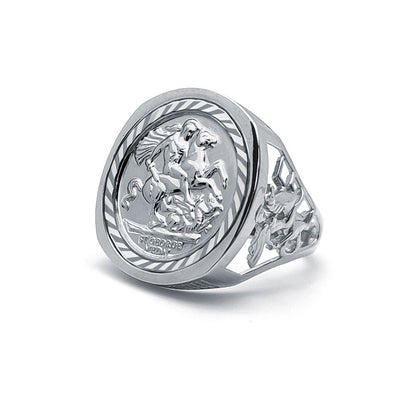 Silver  Dragon Slayer St George Medal Ring (Full Sovereign Size) - ARN114-F