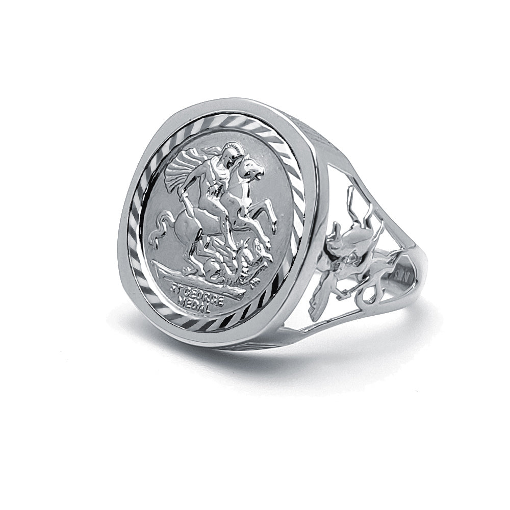 Silver  Dragon Slayer St George Medal Ring (Half Sovereign Size) - ARN114-H