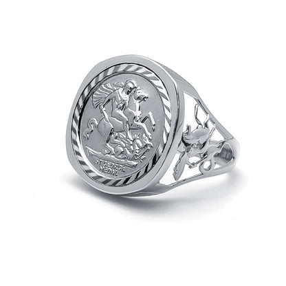 Silver  Dragon Slayer St George Medal Ring (Half Sovereign Size) - ARN114-H