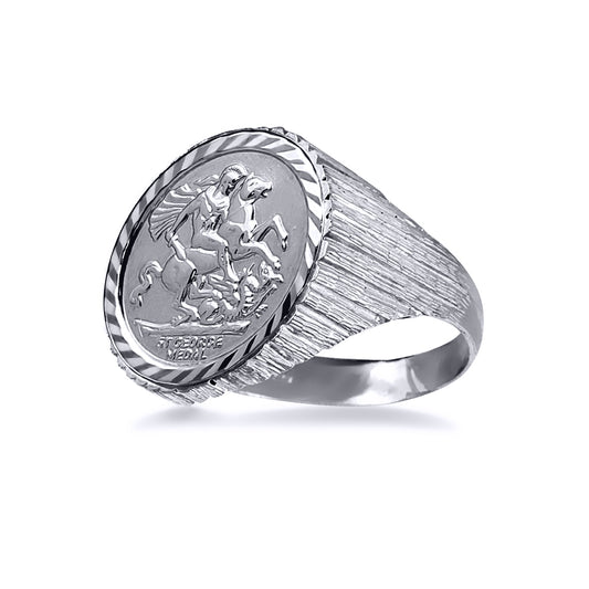 Silver  Ribbed Barked St George Dragon Ring (Half Sovereign Size) - ARN115-H