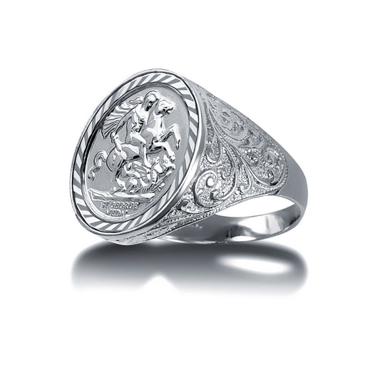 Silver  Floral Carved St George Dragon Ring (Full Sovereign Size) - ARN116-F