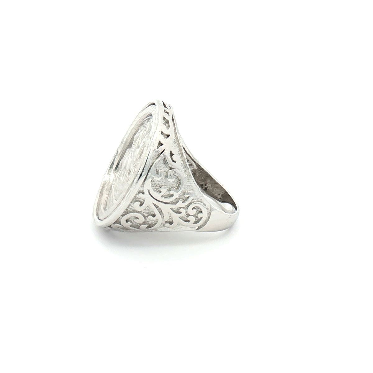 Silver  Floral Carved St George Dragon Ring (Full Sovereign Size) - ARN116-F