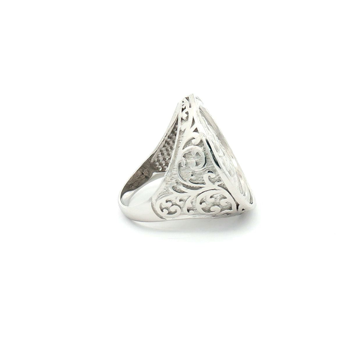 Silver  Floral Carved St George Dragon Ring (Full Sovereign Size) - ARN116-F