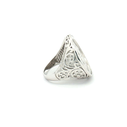 Silver  Floral Carved St George Dragon Ring (Full Sovereign Size) - ARN116-F