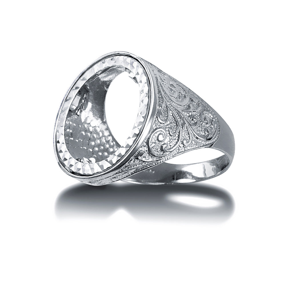 Silver  Floral Engraved Full Sovereign Mount Ring - ARN116-F