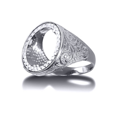 Silver  Floral Engraved Full Sovereign Mount Ring - ARN116-F