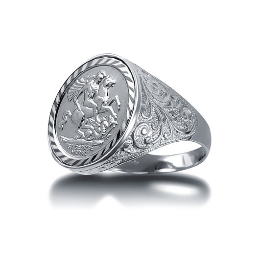 Silver  Floral Carved St George Dragon Ring (Half Sovereign Size) - ARN116-H