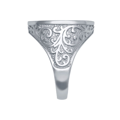 Silver  Floral Carved St George Dragon Ring (Half Sovereign Size) - ARN116-H