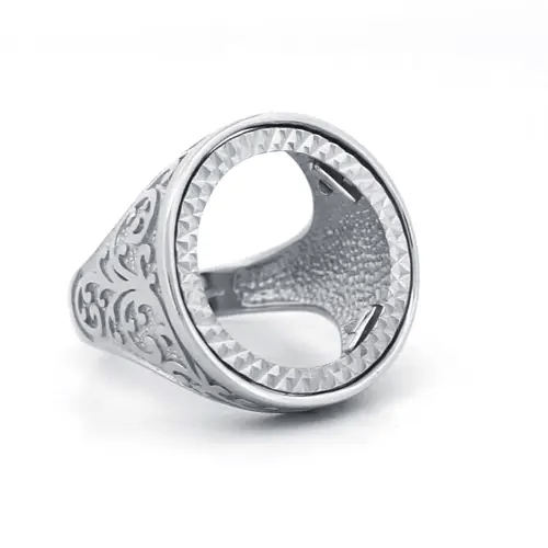 Silver  Floral Engraved Half Sovereign Mount Ring - ARN116-H