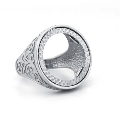 Silver  Floral Engraved Half Sovereign Mount Ring - ARN116-H