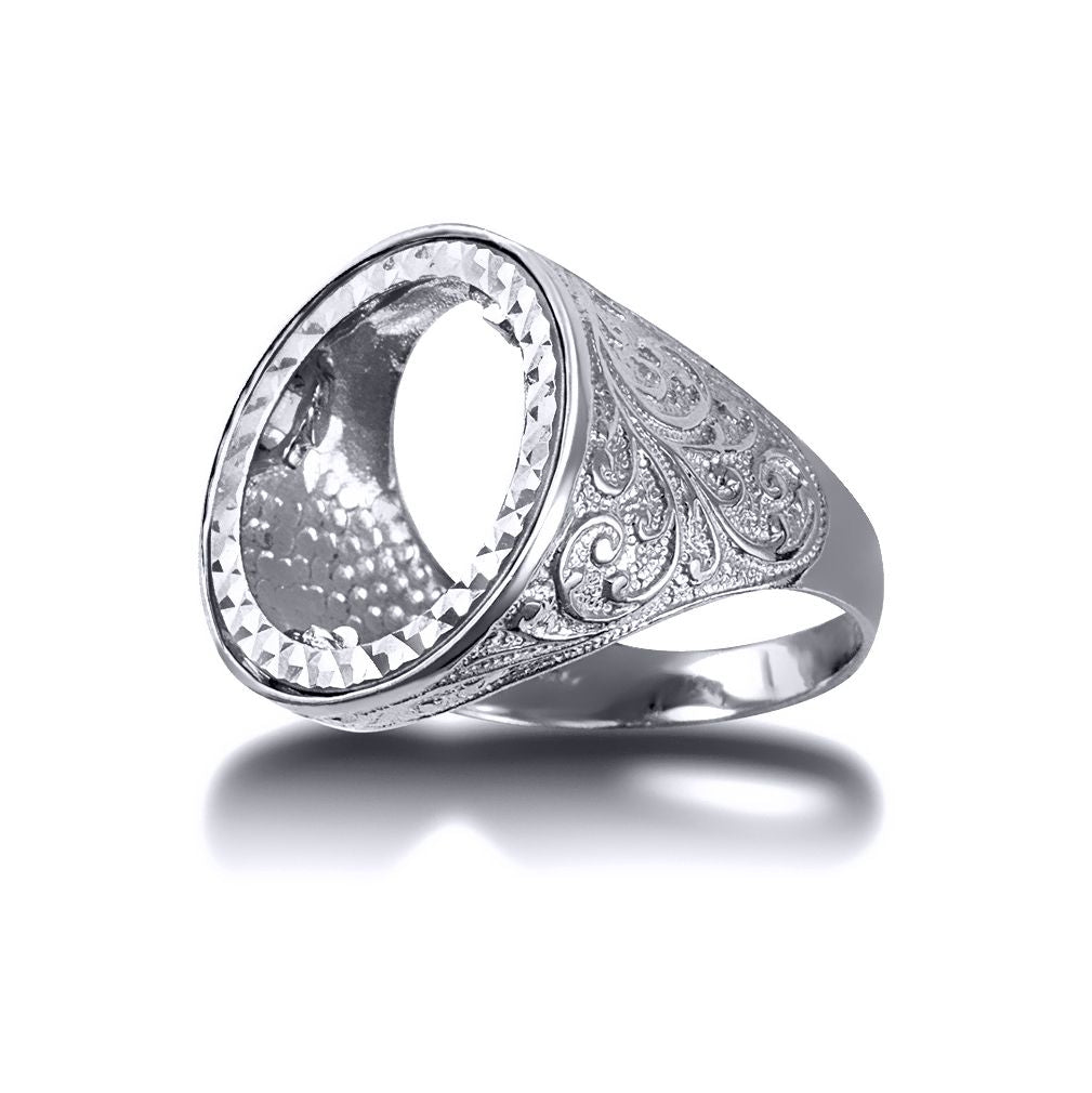 Silver  Floral Engraved Half Sovereign Mount Ring - ARN116-H