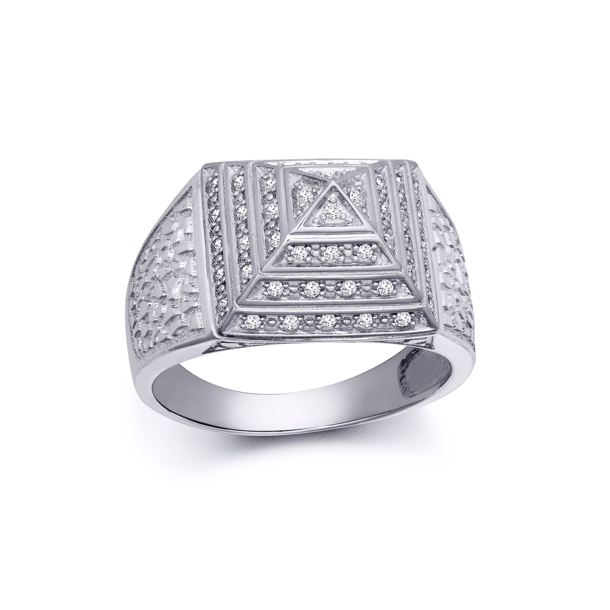 Mens Rhodium Plated Silver  CZ Egyptian Pyramid 15mm Signet Ring - ARN131A