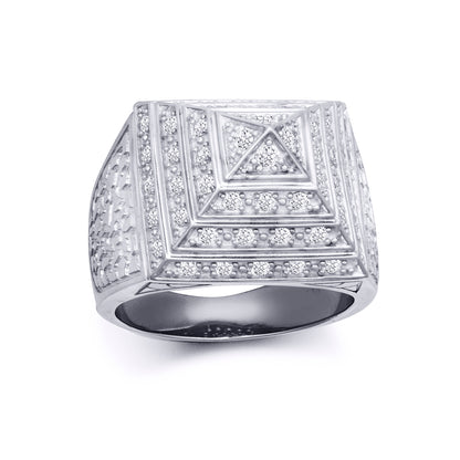 Mens Rhodium Plated Silver  CZ Egyptian Pyramid 20mm Signet Ring - ARN131B