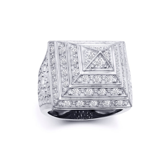 Mens Rhodium Plated Silver  CZ Egyptian Pyramid 25mm Signet Ring - ARN131C