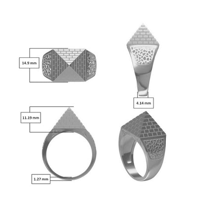 Mens Rhodium Plated Silver  Egyptian Pyramid 15mm Signet Ring - ARN132A