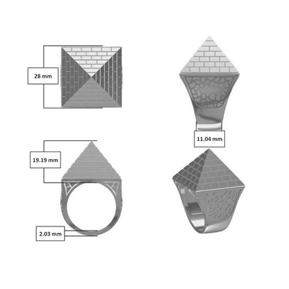 Mens Rhodium Plated Silver  Egyptian Pyramid 30mm Signet Ring - ARN132D