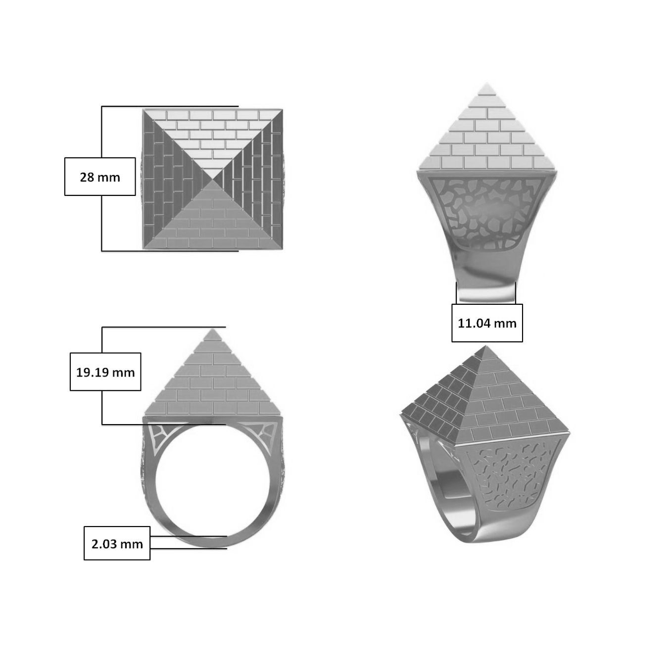 Mens Rhodium Plated Silver  Egyptian Pyramid 30mm Signet Ring - ARN132D