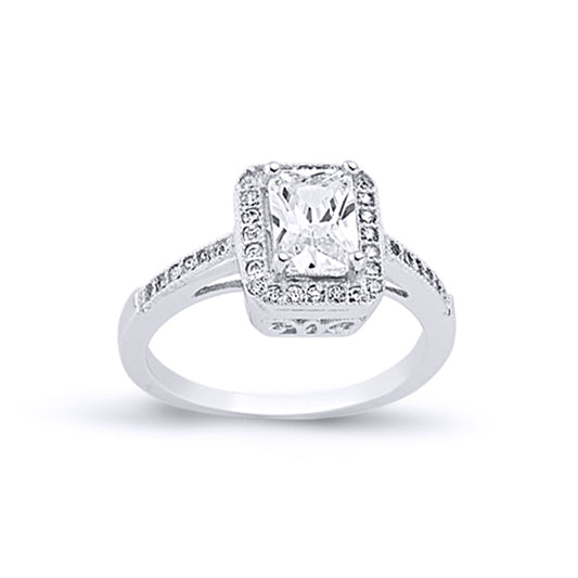 Silver  Emerald-cut CZ Shoulder-set Halo Solitaire Engagement Ring - ARN133