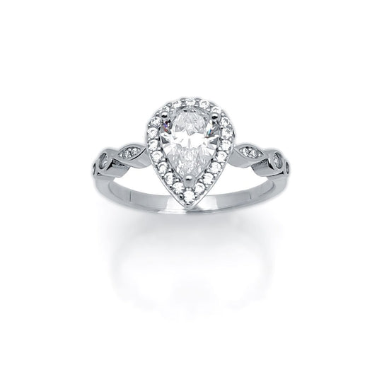 Silver Pear CZ Shoulder-set Halo Solitaire Engagement Ring - ARN134