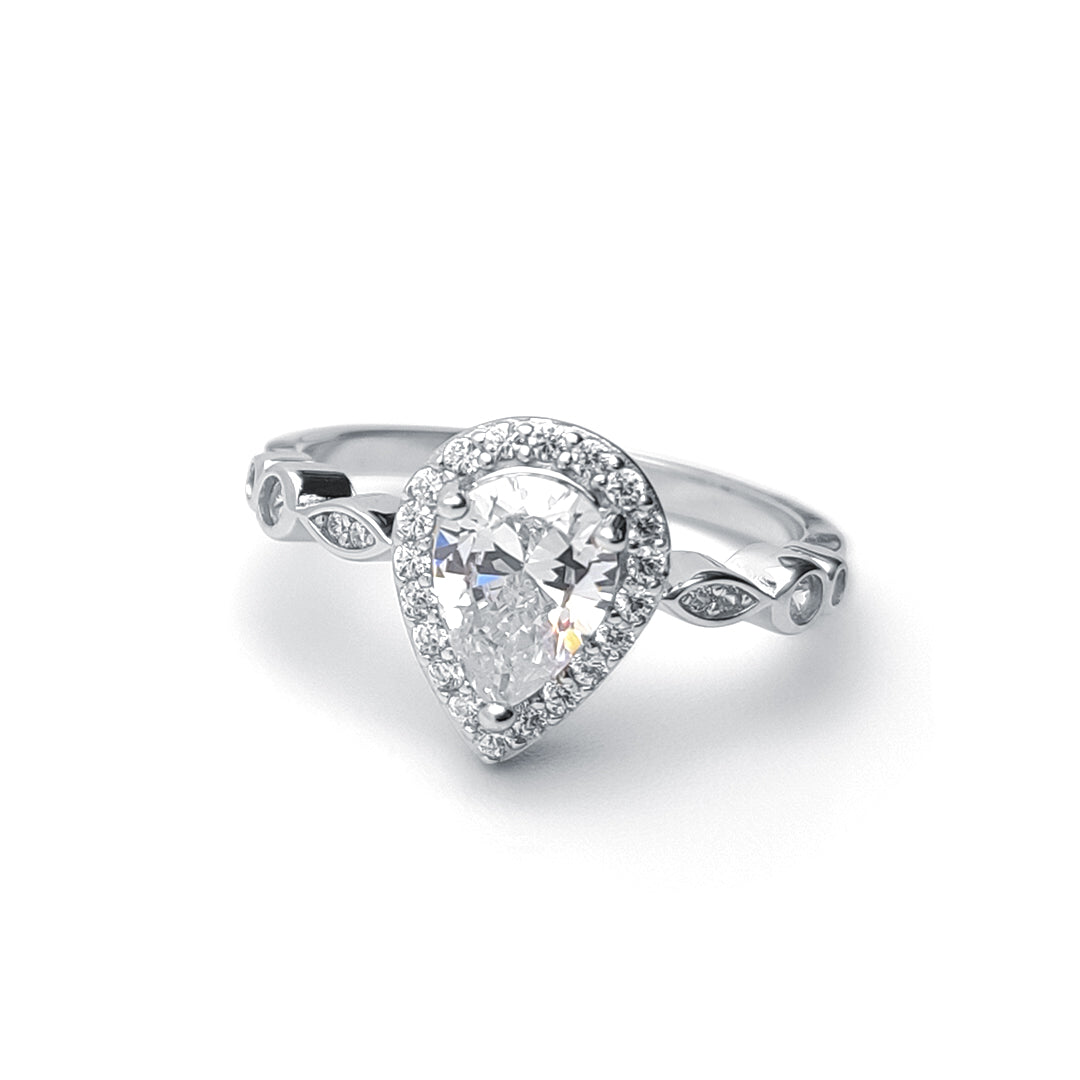 Silver  Pear CZ Shoulder-set Halo Solitaire Engagement Ring - ARN134