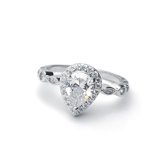 Silver  Pear CZ Shoulder-set Halo Solitaire Engagement Ring - ARN134