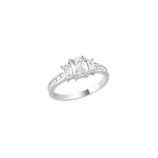 Silver  Baguette Emerald-cut CZ Channel Trilogy Engagement Ring - ARN138