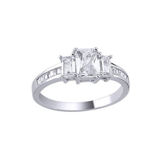 Silver  Baguette Emerald-cut CZ Channel Trilogy Engagement Ring - ARN138