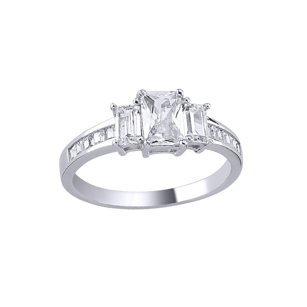 Silver  Baguette Emerald-cut CZ Channel Trilogy Engagement Ring - ARN138